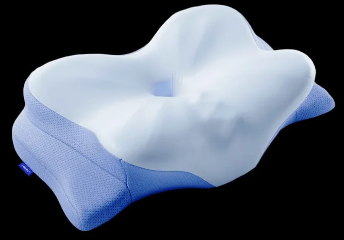 Ergo Pillow with a white contoured top, central recess and blue side wings